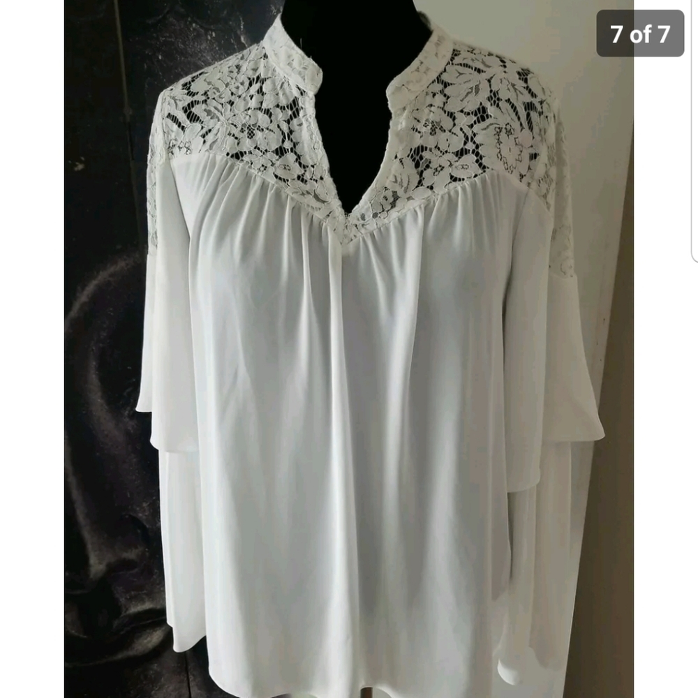 BCBGMaxazria Women's White Floral Embroidered Shoulder Tiered Long Sleeve Blouse